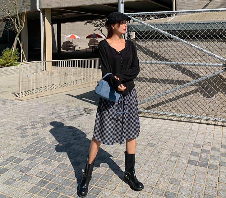 Slub Check Banding Skirt