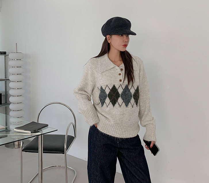 Classic Argyle Collar Button Wool Knit