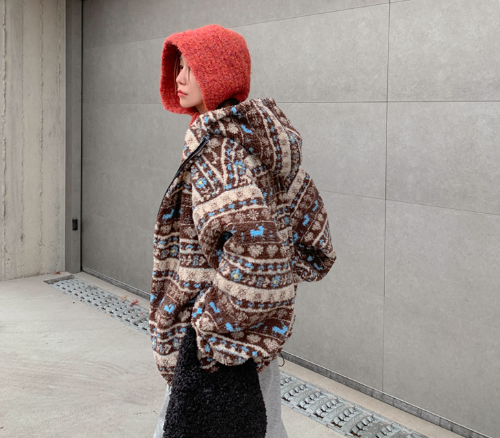 [Unisex] Deer Patterns String Dumble Highneck Hood Zip-up