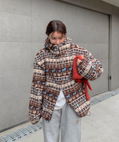 [Unisex] Deer Patterns String Dumble Highneck Hood Zip-up