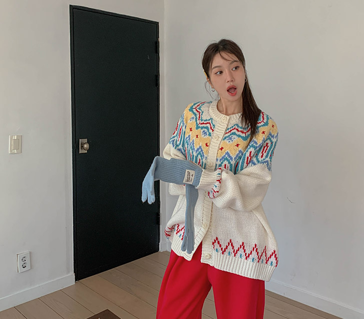 Camo Nordic Patterns Knit Wool Cardigan