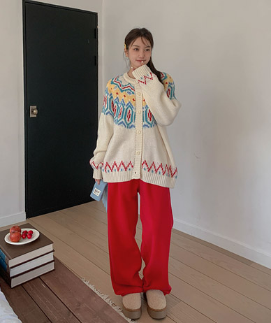 Camo Nordic Patterns Knit Wool Cardigan