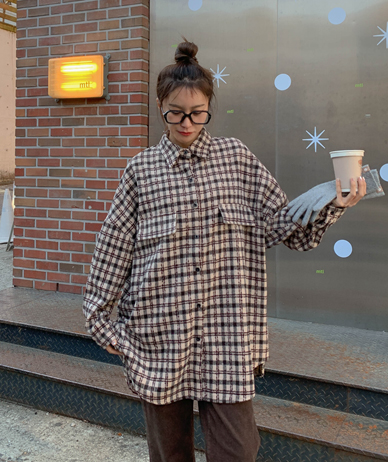 Riverbig outer fleece check long shirt