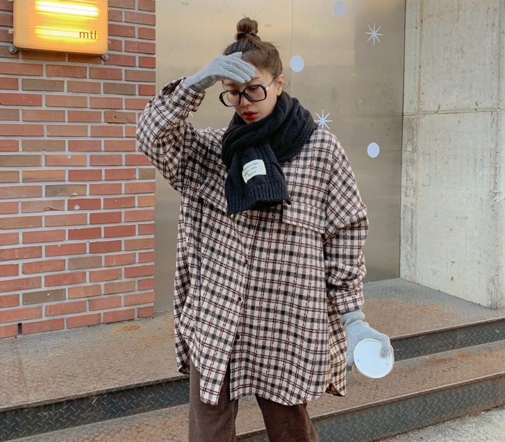 Riverbig outer fleece check long shirt