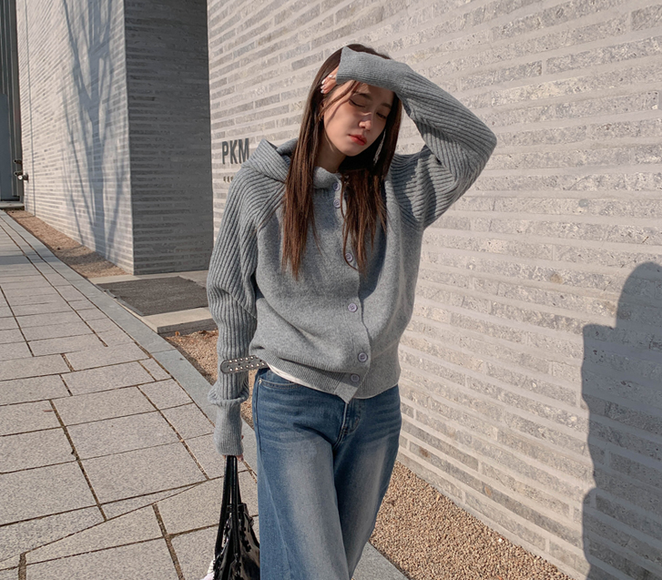 Sebi Angora Highneck Hooded Knit Cardigan