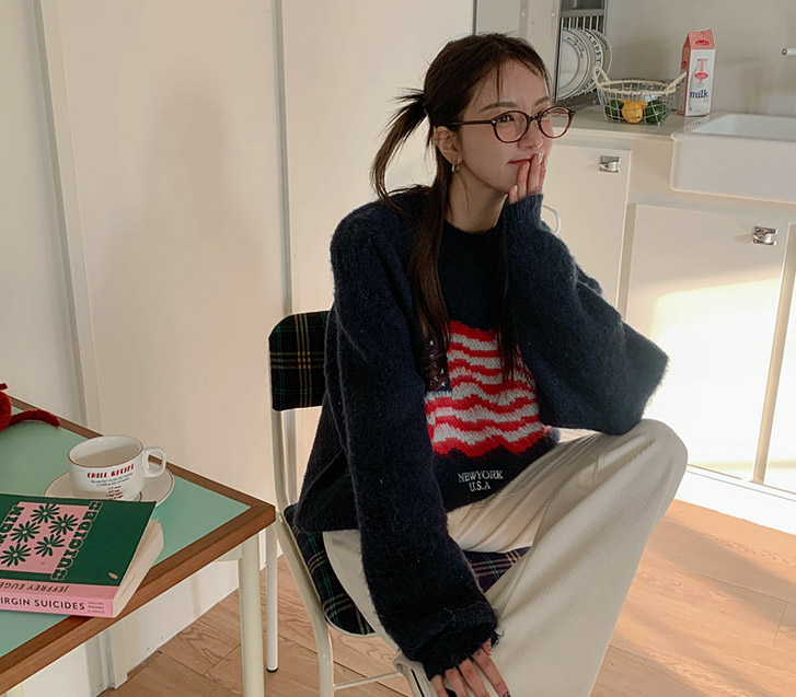 [Unisex] Mohair Touch Stars and Stripes Raund Neck Knit