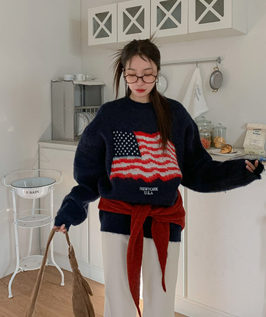 [Unisex] Mohair Touch Stars and Stripes Raund Neck Knit