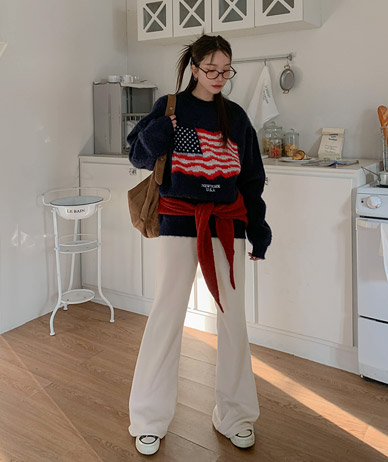 Soft sheepskin corrugated boot cut banding pants