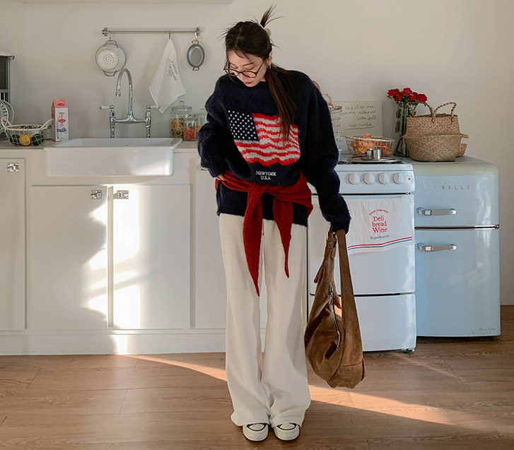 Soft sheepskin corrugated boot cut banding pants