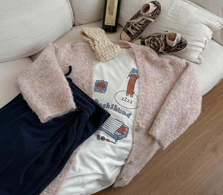 Demi-boucle V-neck Long Cardigan