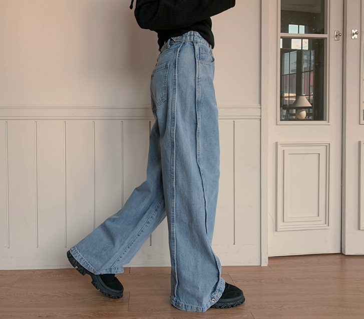 Robin Snap Pintuck Visor Denim Wide Pants (Short/Basic/Longver)