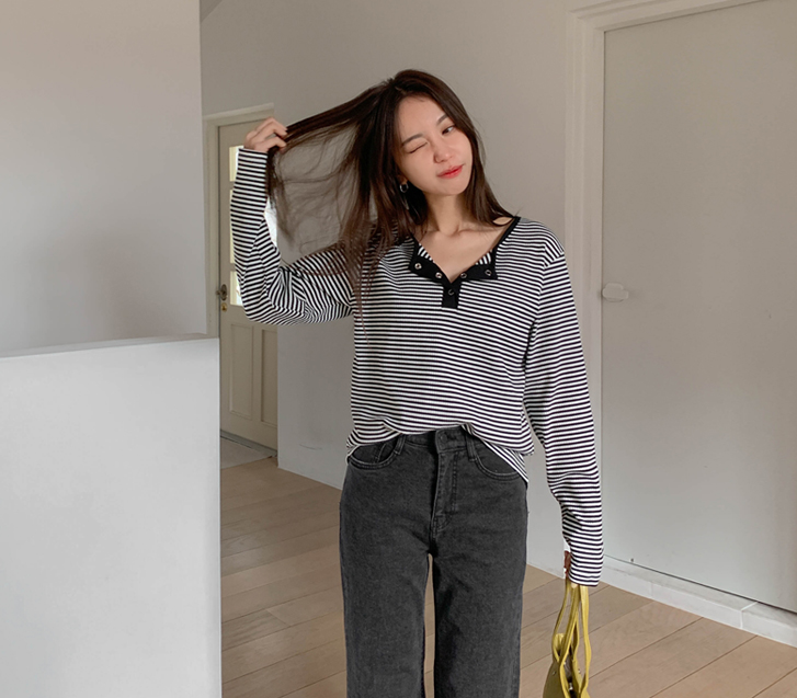 Moto Dangara Corrugated Button Long-sleeve T-shirt