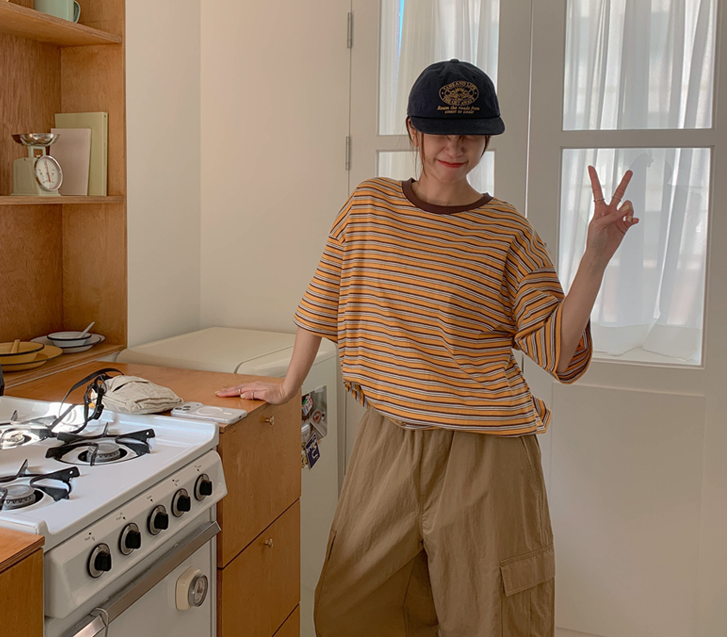 Tebi color combination single-breasted short-sleeve T-shirt