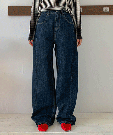 Bit diagonal cut wide denim pants/4 seasons/fleece options (Short/Basic/Long)