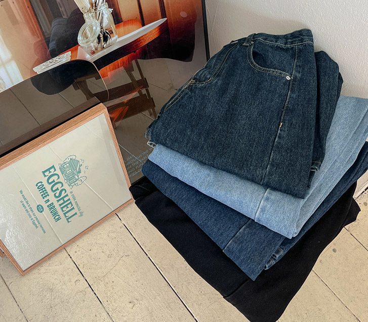 Bit diagonal cut wide denim pants/4 seasons/fleece options (Short/Basic/Long)