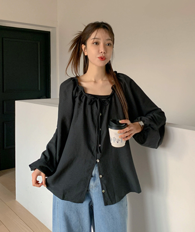 Fog Button bowknot Race Blouse
