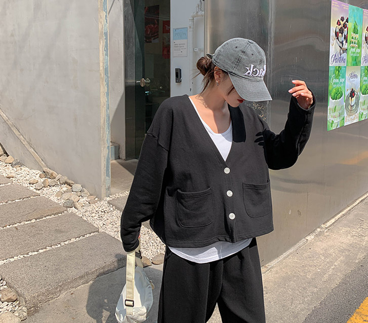 Season Patch Crop V-Neck French Terry Cardigan