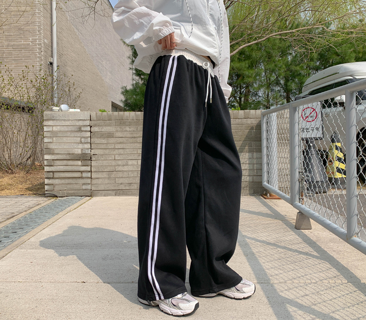 Dual track line nylon string wide pants