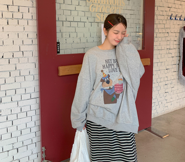 Happy Bear Print Long Sweatshirt