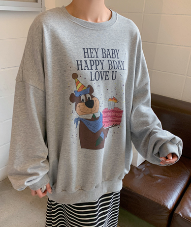 Happy Bear Print Long Sweatshirt