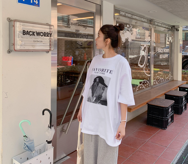 New York Vintage Print Boxy Short-sleeve Long T-shirts