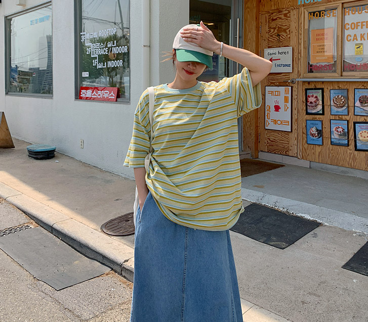 [Unisex] Smoothie Striped Overfit Short-Sleeve Long T-Shirts