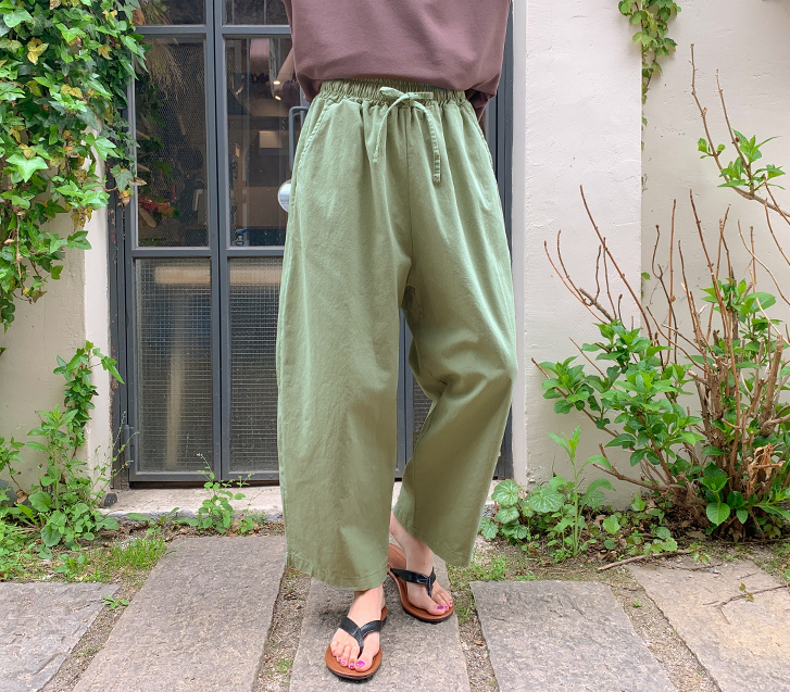 Twill Washed Cropped Waist Banding Baggy Pants