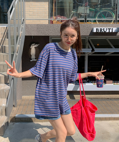 Red color combination striped short-sleeve T-shirt