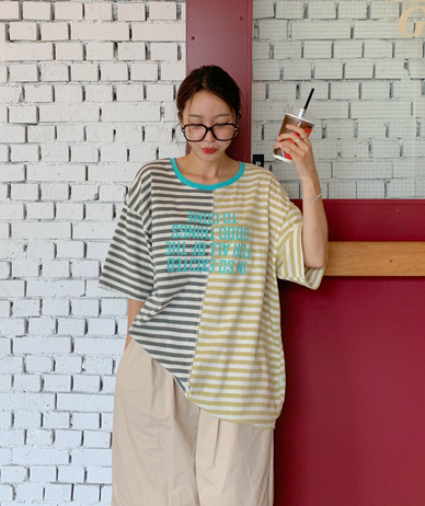 [Unisex] Ote Color Combination Striped Short-Sleeve Long T-Shirts