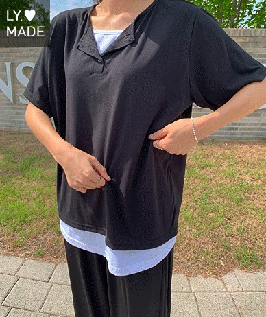[Special Sale 10%] Crobe Button Layered Color Combination Short Sleeves T-shirt