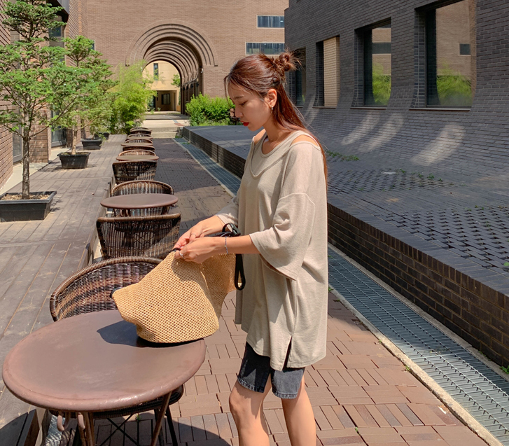 Keron Linen Sleeveless shirts layered V-neck Short-sleeve Long t shirts