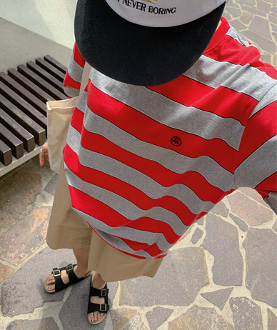 [Unisex] Honey Embroidered Striped Short-sleeve Long T-shirts