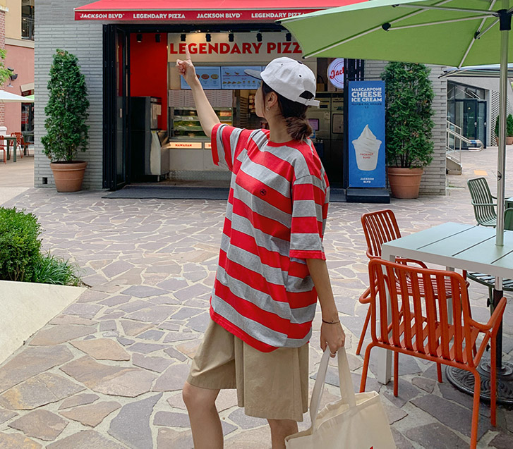 [Unisex] Honey Embroidered Striped Short-sleeve Long T-shirts