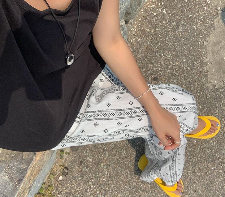 Ethnic Linen Patterns Banding Wide Pants