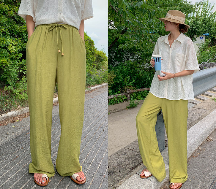 Amoud Flowy Linen Banding Wide Pants