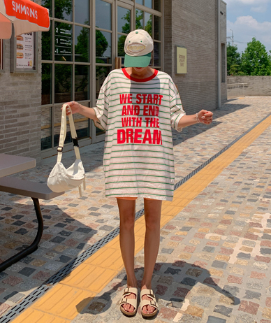 [Unisex] Dream Lettering Stripe Short-sleeve Long T-shirts