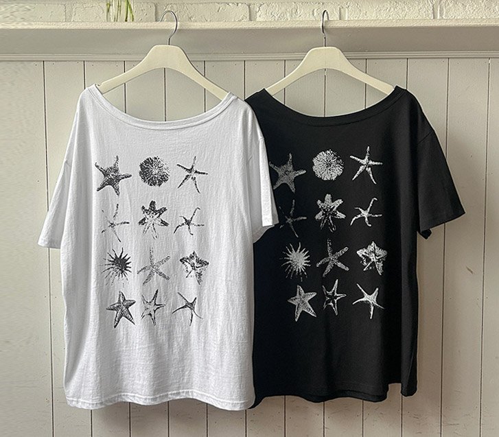 Starfish Print Boat Neck Off-shoulder Short Sleeves T-shirt