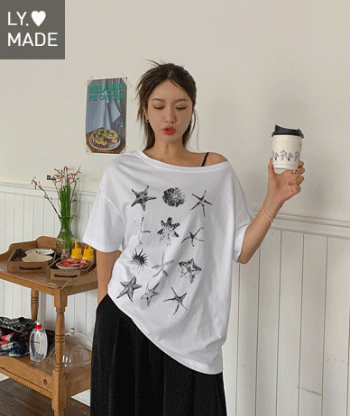 [Special Sale 10%] Starfish Print Boat Neck Off-shoulder Short Sleeves T-shirt