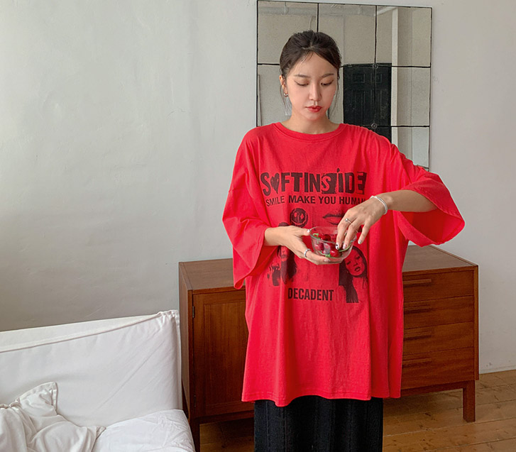 Katie Printed Slit Short-sleeve Long T-shirts