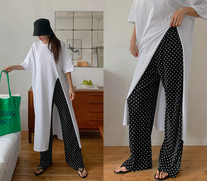 Main Dot Banding Pleats Semi Bootcut Pants