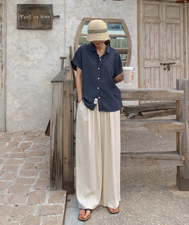 Oni Pintuck Linen Banding Wide Pants
