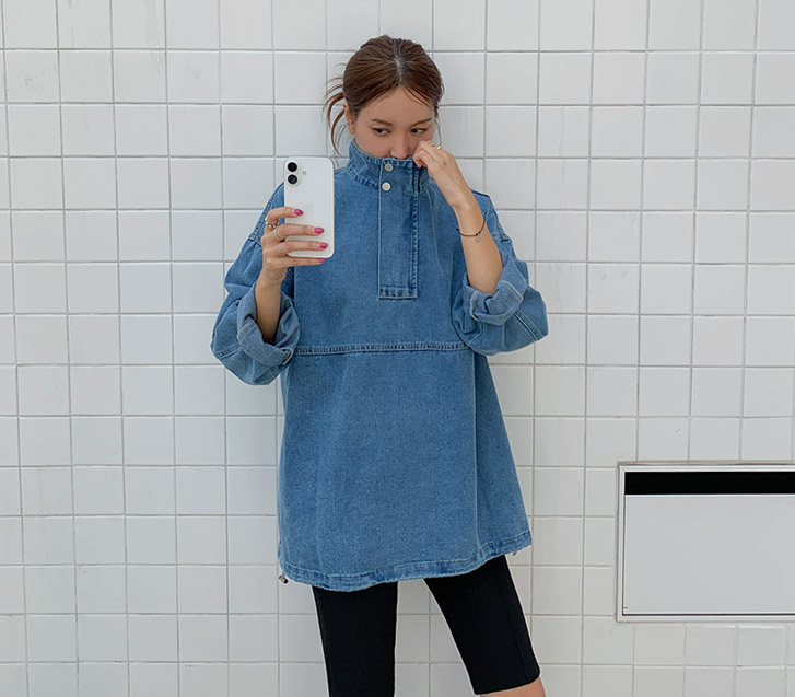 [Unisex] Foreign Pullover Denim Half-Zip