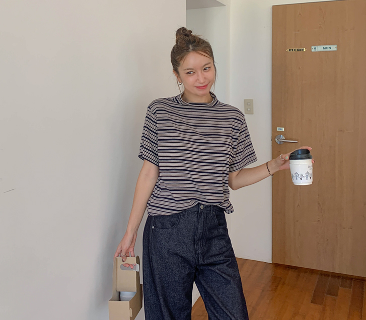 Cozy Stripe Half-Neck Short T-Shirts
