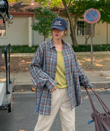 [Unisex] Peach Boxy Check Shirt