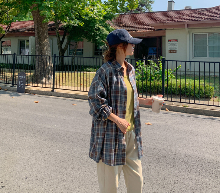 [Unisex] Peach Boxy Check Shirt