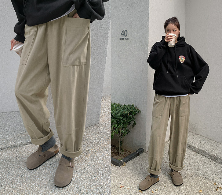 Oti Corduroy Pocket Cutout Banding Baggy Pants