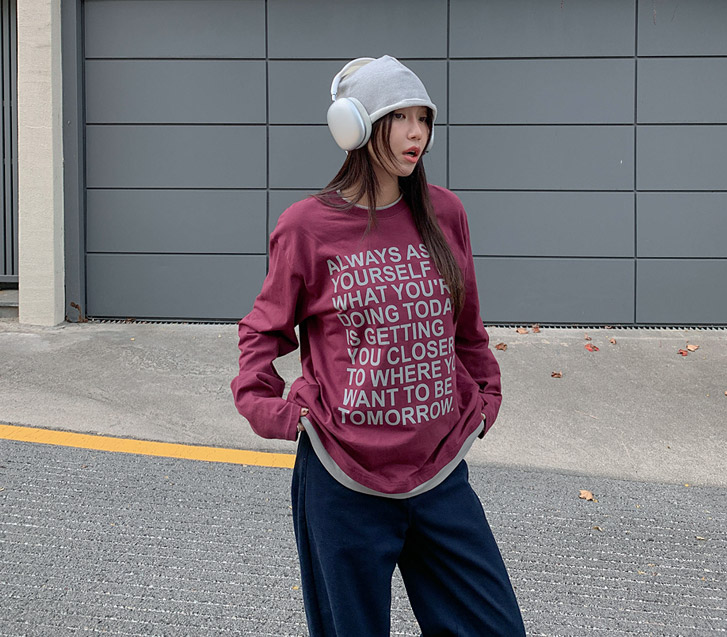 [Unisex] Lettering Color Combination Layered Print Long-Sleeve T-Shirt