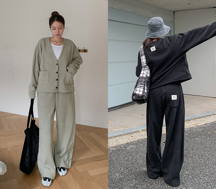 Original Backpack Fleece Two-Pocket Cardigan Side Pintuck Wide Pants Set