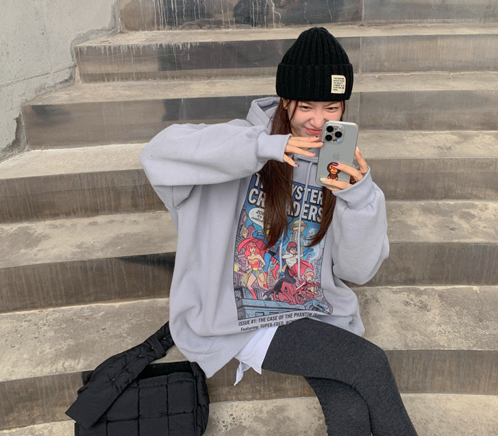 Hero Print Double-Fleece Long Hoodie