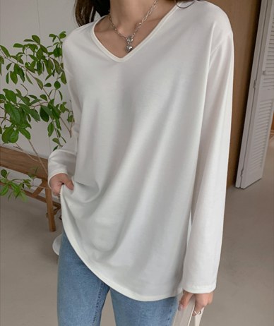 Cover V-neck Basic Long Sleeve T-shirt